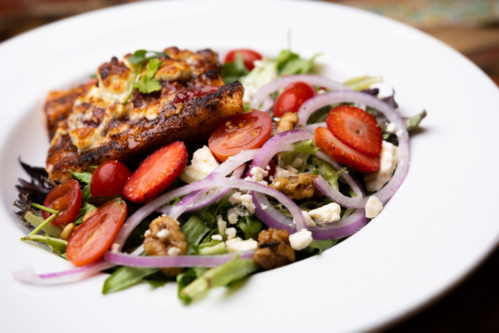 Award winning Farm Salad with glazed salmon