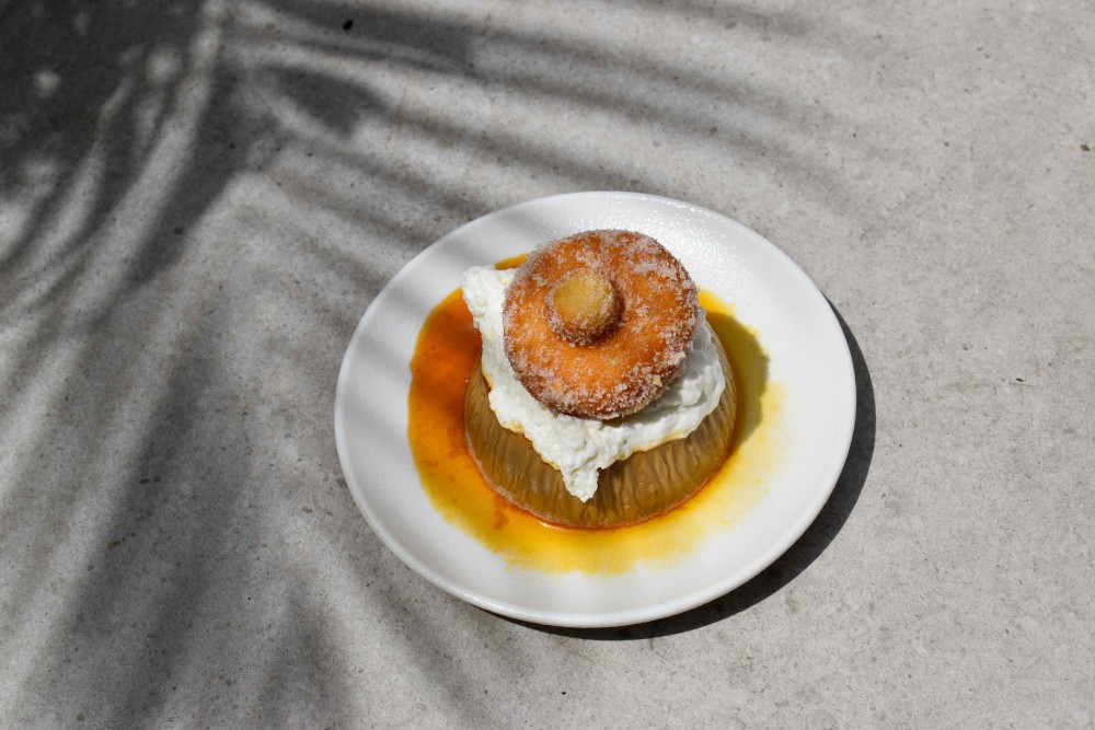 espresso flan warm sugar donut, crema