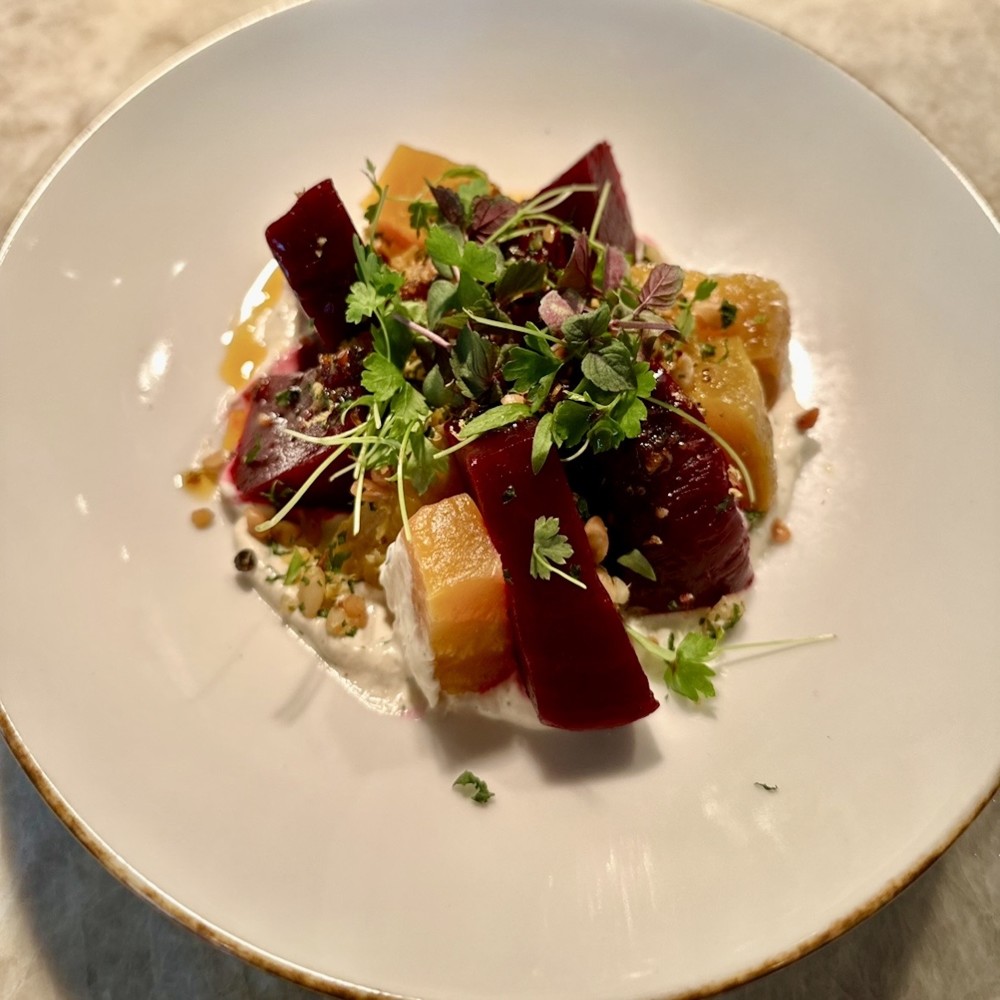 Oven roasted beet salad, spiced yogurt, pine nut gremolata, micro herb salad