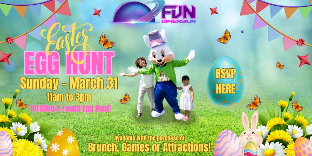 🐰 Extravagance de la chasse aux œufs de Pâques chez FunDimension ! 🐣 Plongez dans l'esprit de Pâques à FunDimension dimanche, 31 mars st, de 11:00 AM à 2:00 PM !