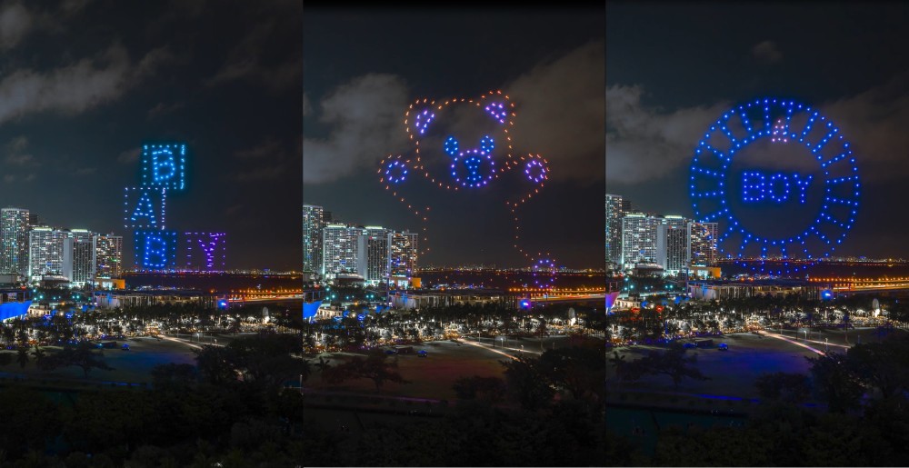Pixel Swarm Drones — световое шоу дронов, раскрывающее пол. Это был один из Three показывает на 9 марта в парке Мориса Ферре в центре Майами, Флорида.