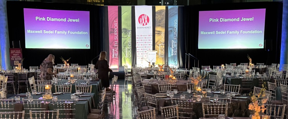 Event with banners, drape line, 2 screens