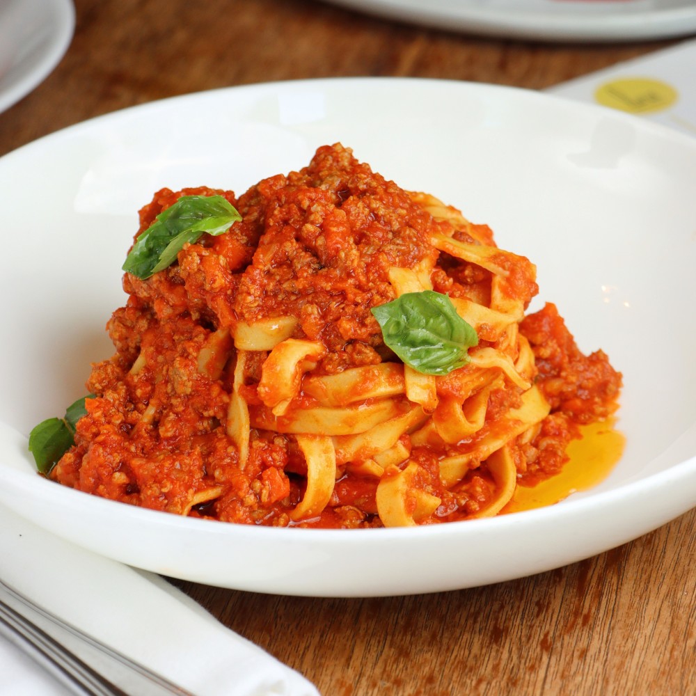 home made beef ragu, basil