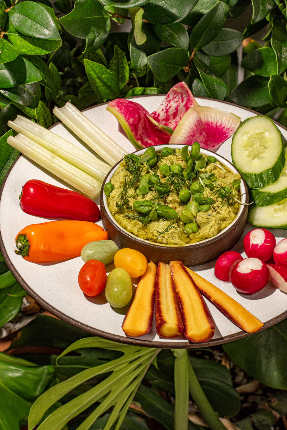 Grüne Kichererbsen, Chili-Ferment, Limette, Olivenöl, serviert mit Thai-Basilikum, Fresh Pita oder Crudite