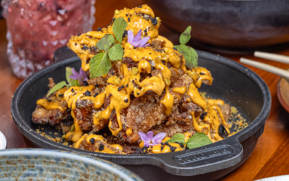 Crispy Octopus Bites, Spicy Caribbean Aioli, Charcoal Kalamata Olives, Spicy Chickpeas Dust