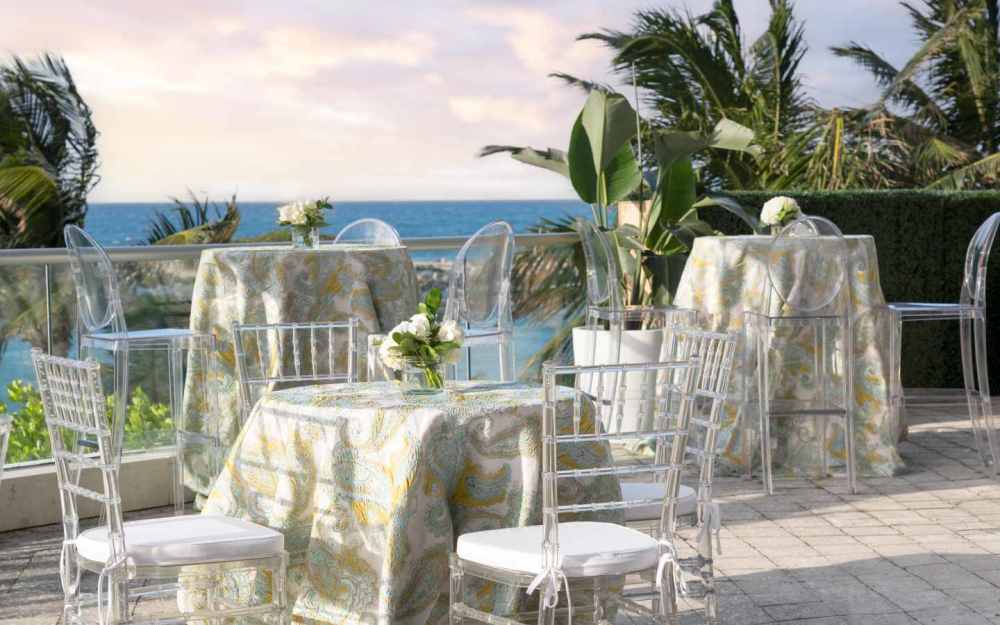 The Salon Terrace, with sweeping views of the waters surrounding the hotel, can accommodate guests for ceremonies, dinners and cocktail receptions.