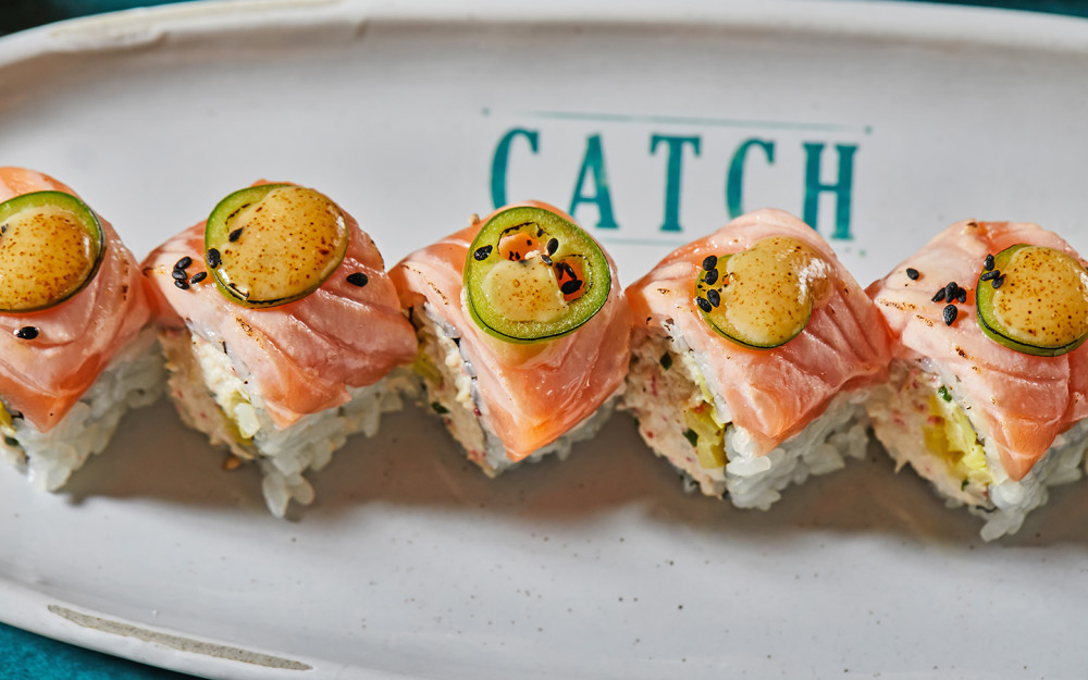 Catch Roll with crab, salmon, and miso-honey