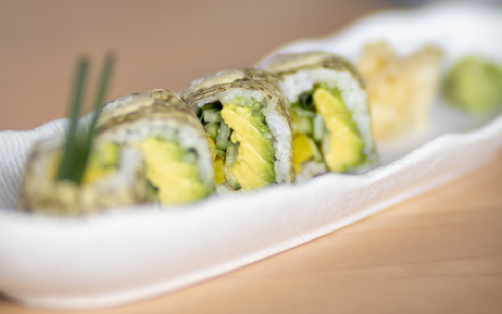 Avocado, cucumber, chives and takuan wrapped with kelp paper and caper aioli.