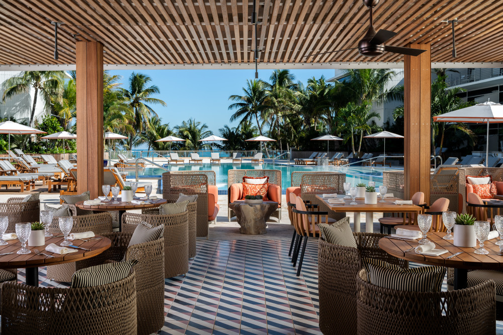 The terrace at Fuego y Mar overlooks the swimming pool.