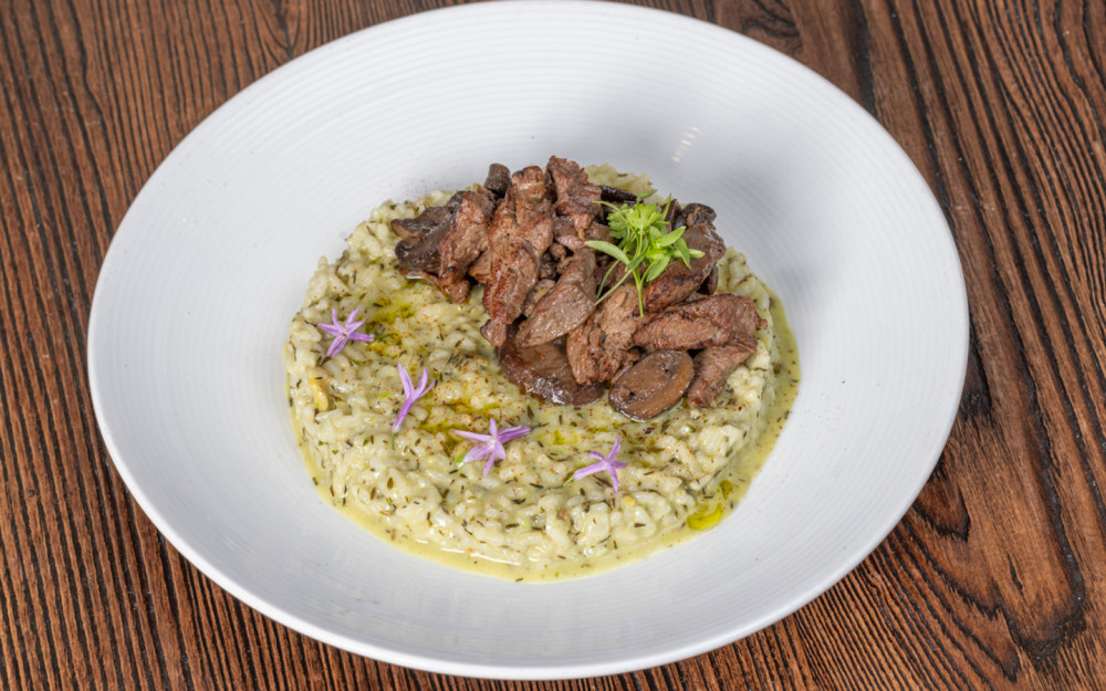 Avocado creamy arborio rice, guajillo powder, cilantro oil with sautéed tenderloin & mushrooms in red chili marinade.