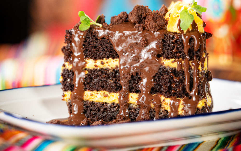 Torta de Chocolate: chocolate cake, pisco syrup, lucuma ganache,chocolate sauce, chocolate crumble