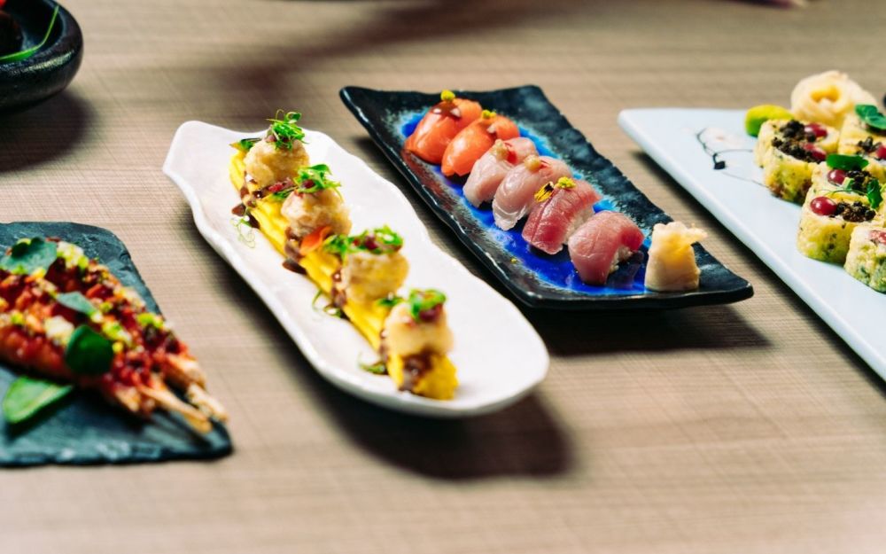 Variety of sushi on table