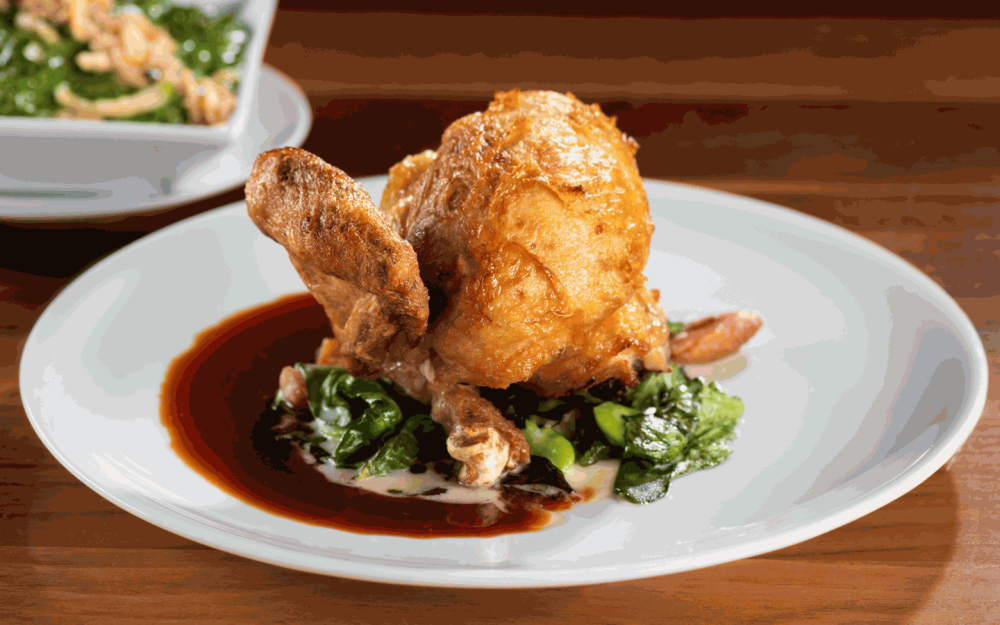 Savor the golden perfection and succulent tenderness of our Amish Roasted Half Chicken.