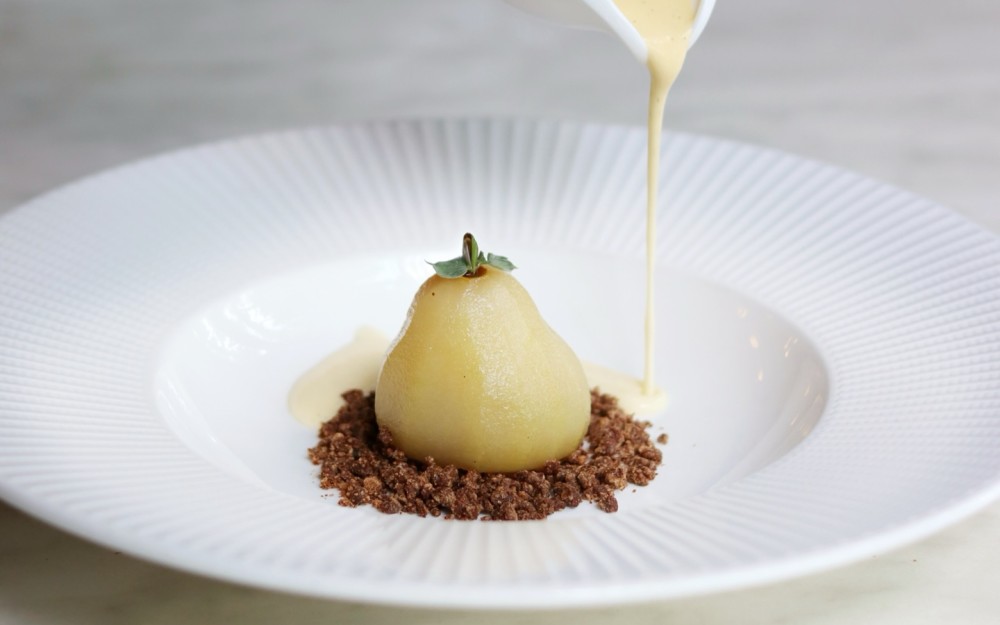 Wine Poached Pear, Caramelized White Chocolate, Creme Anglaise