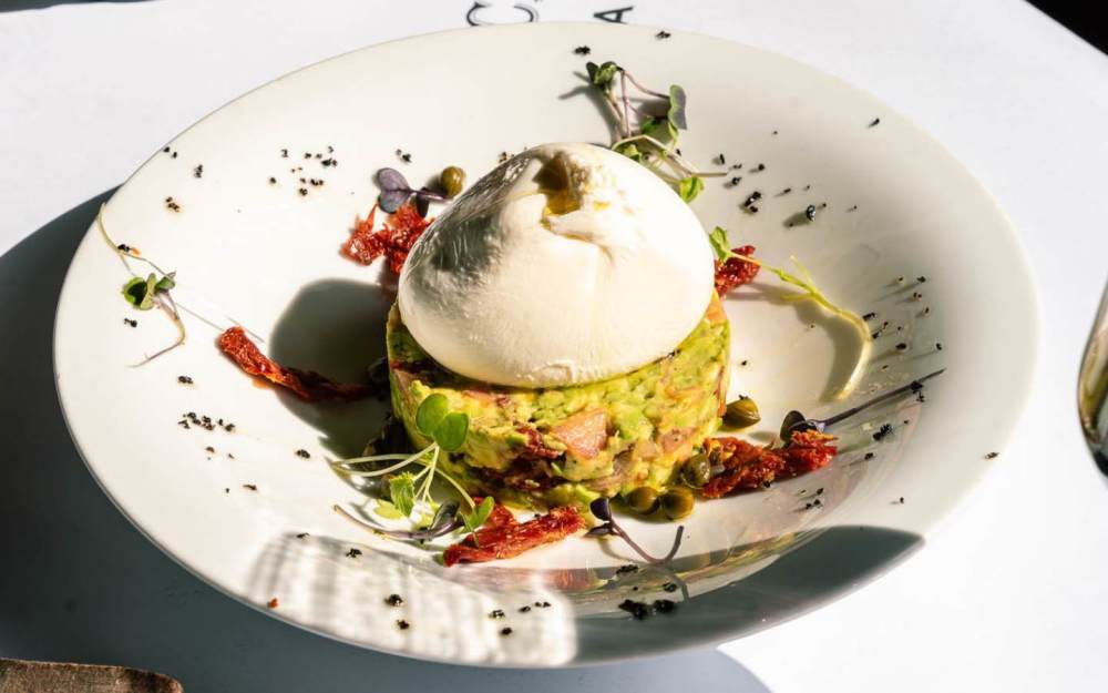 Creamy burrata cheese nestled atop a vibrant tartar of ripe heirloom tomatoes and buttery avocado, delicately dressed with extra virgin olive oil.