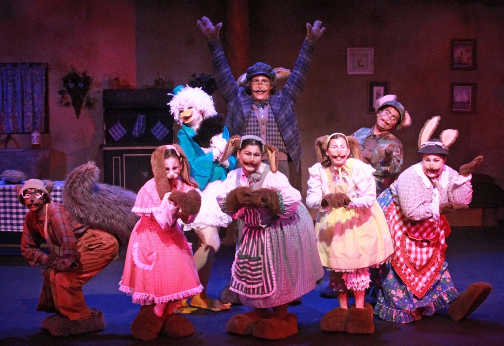 The cast of Peter Rabbit and The Garden of Doom at Actors’ Playhouse at the Miracle Theatre. Photo by Alberto Romeu.