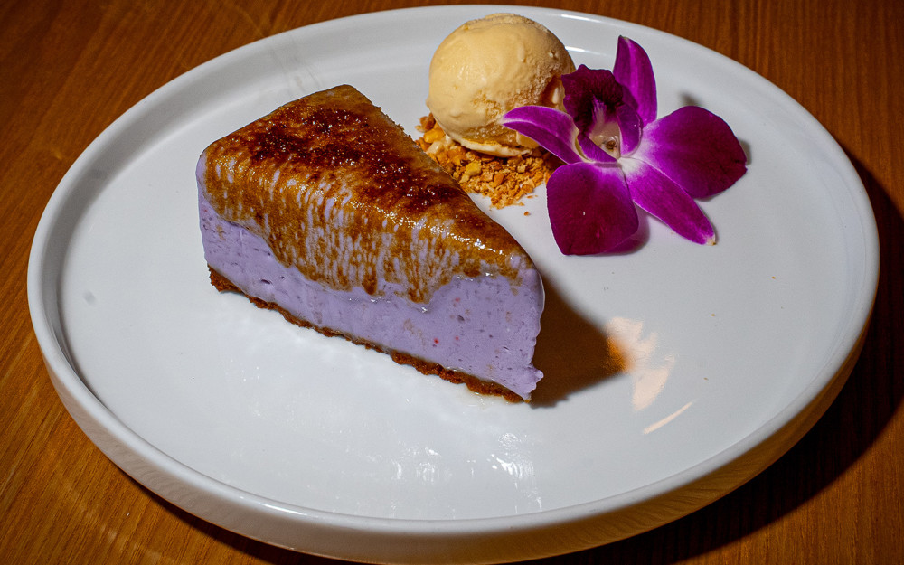Taro Brulee Cheesecake: creamy cheesecake infused with the natural sweetness of taro, topped with a caramelized sugar crust for a delicate, golden cru