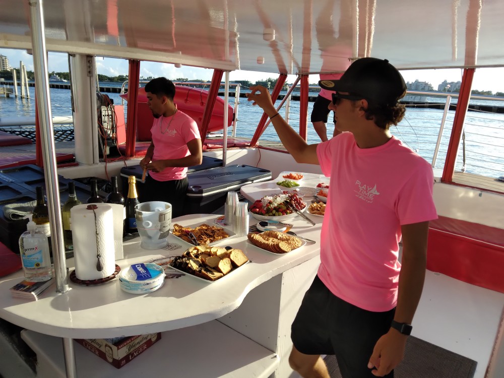 We offer amazing catering options on the catamarans.  Catering menu link is available, everything from party platters to Island BBQ options available.