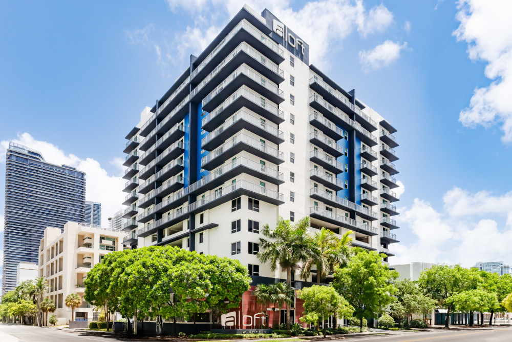 Exterior view of Aloft Miami Brickell, located in the heart of Brickell near downtown Miami, dining, nightlife, transit, and top city attractions.