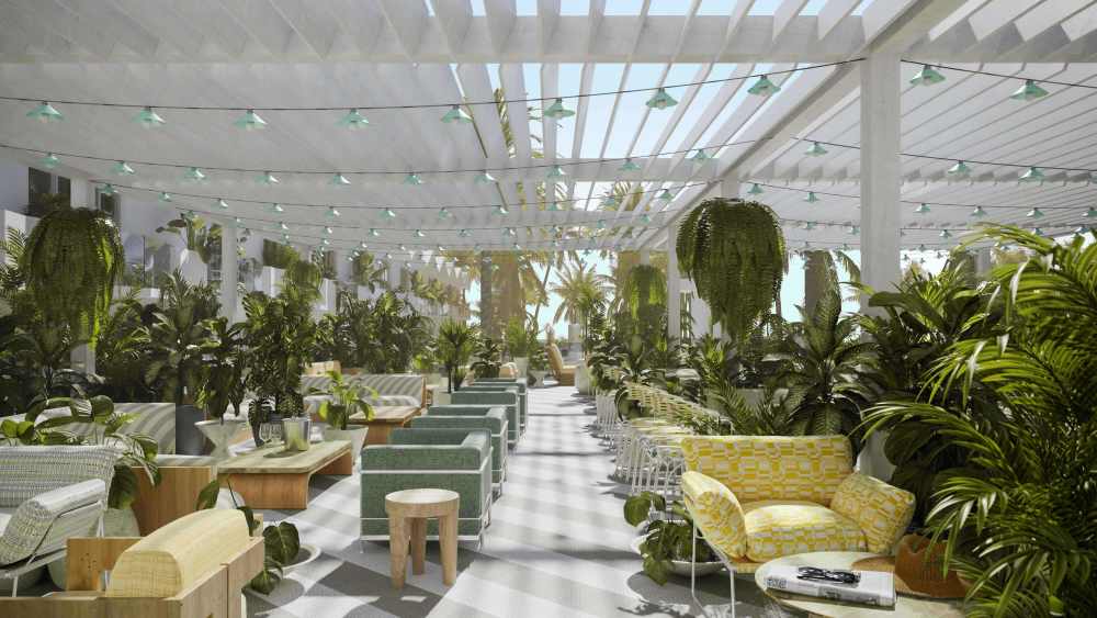 Un salon extérieur luxuriant au deuxième étage, offrant un cadre de style toit parfait pour des événements privés de jour comme de nuit.