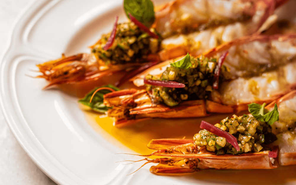 Black tiger prawns, marinated in salsa verde and tomatillo