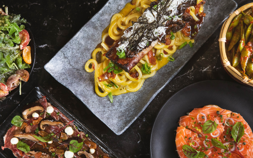 Pubbelly Sushi Miami Spice: Udon Carbonara, Kobe Carpaccio, Salmon Pizza