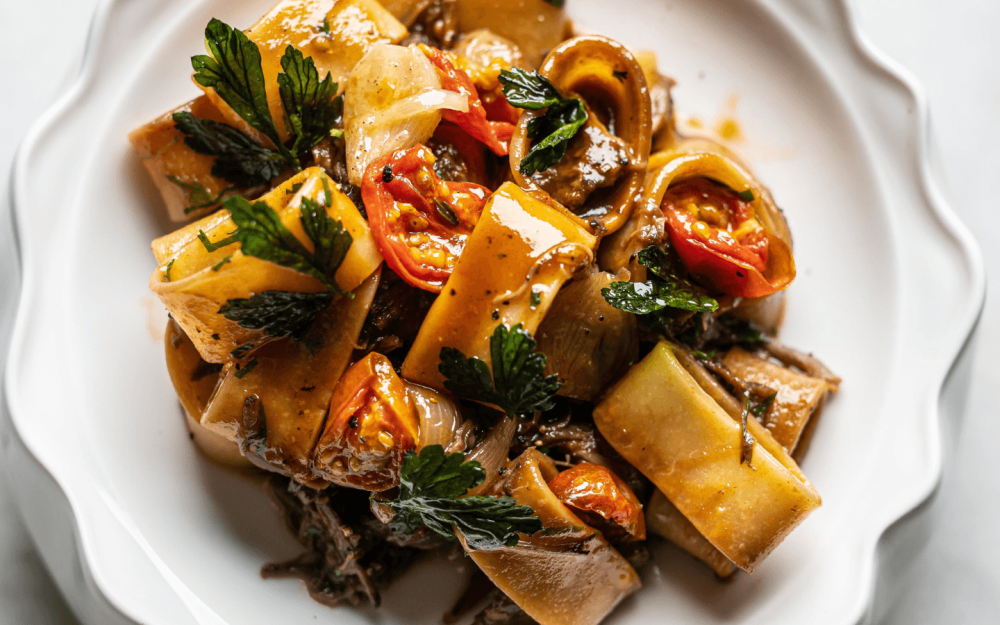Whole wheat calamarata pasta, slow roasted bison short rib in red wine