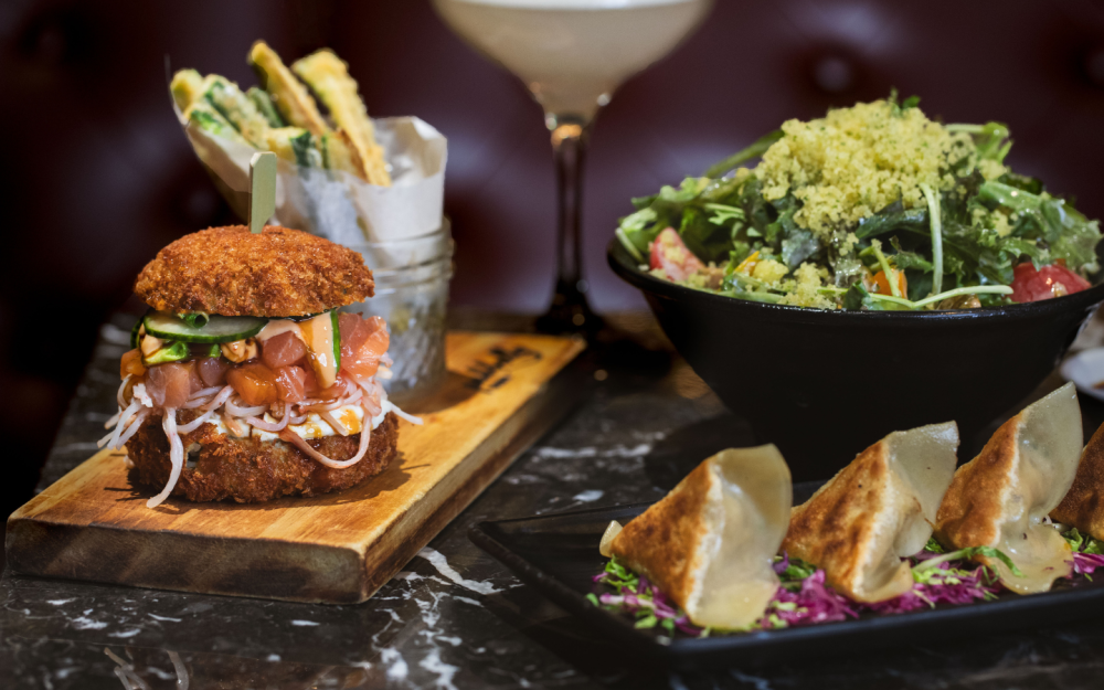 Pubbelly Sushi Burger, PBS Summer Salad, Chicken Dumplings