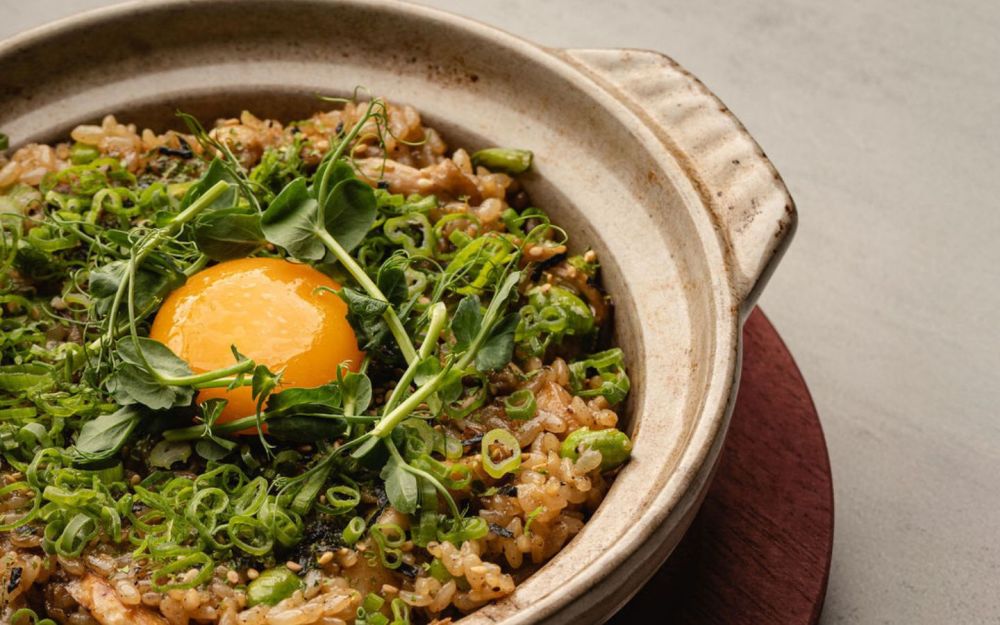 Takikomi Gohan | Hot Stone Pot Rice, Edamame, Tamari, Nori, Scallion, Mayu Oil, Heritage Egg Yolk