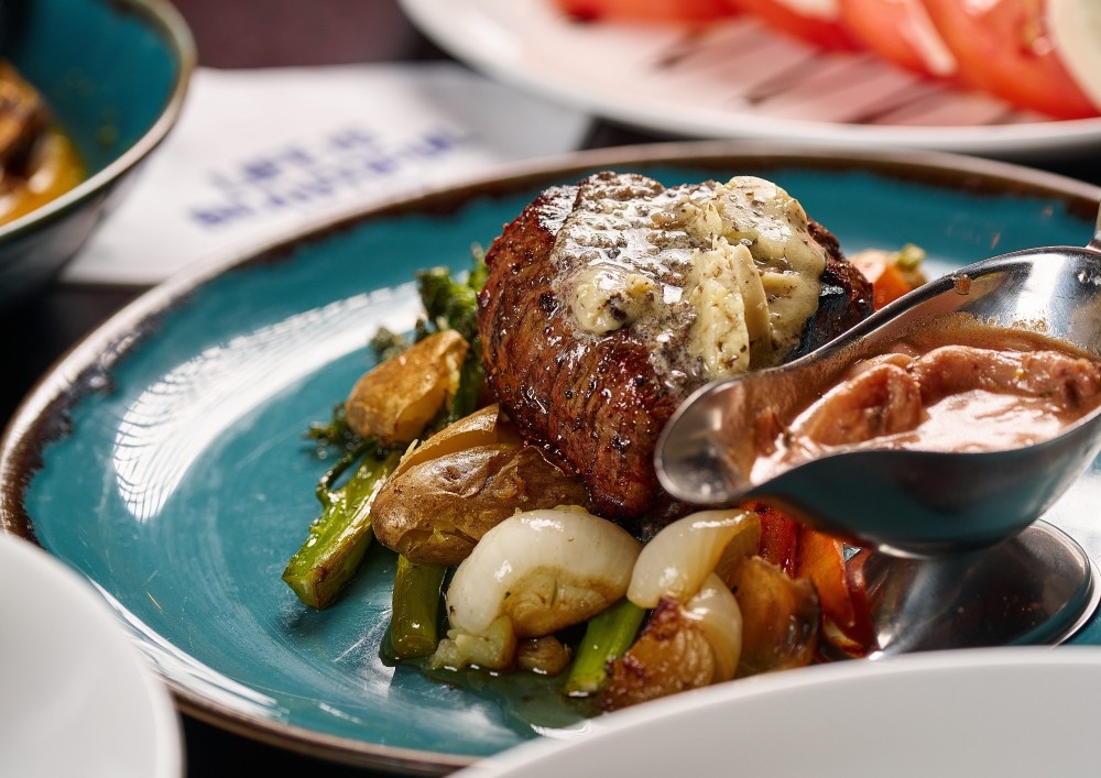 roasted vegetables, black peppercorn sauce