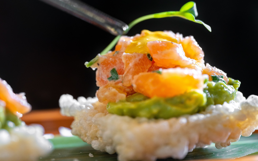 Truffle Salmon Tartare, Aji Amarillo Sauce, Crispy Rice Cracker