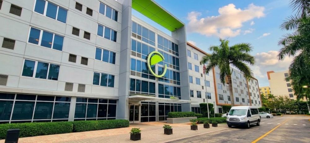 A sleek street-level view of the exterior entrance at Element Miami International Airport, featuring modern architectural glass and palm trees.
