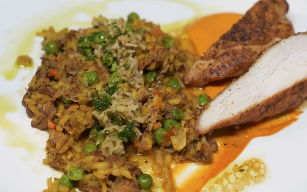Arroz Con Pollo, Romesco sauce, Olive Relish.
