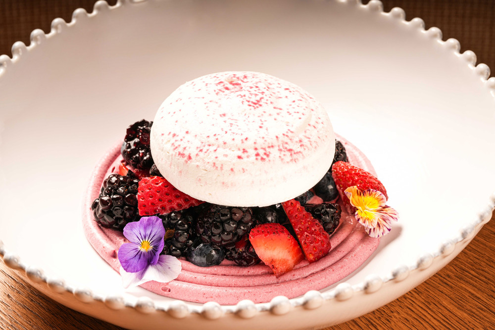 Raspberry meringue, blackberry cream, fresh berries