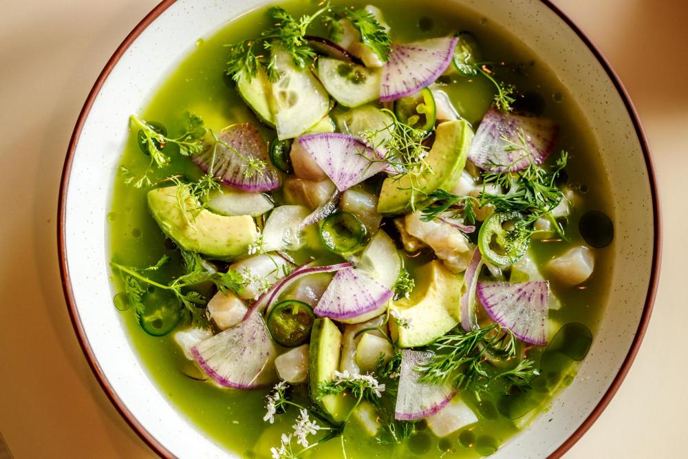 market fish, cucumber, tomatillo, serrano, avocado, cilantro
