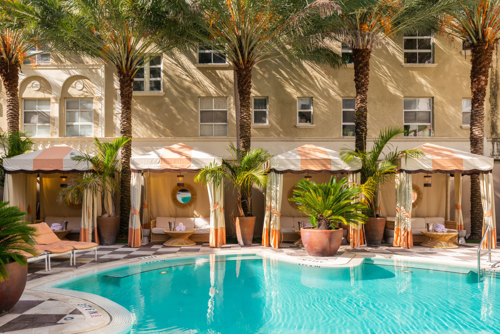 Recently ranked in the top 15 most jaw-dropping pools in Miami by the New York Times, our 1940's Art Moderne pool area is full of sights. Featuring harlequin tiles and a peach and brown palette, it is a photo op favorite evoking a pure Miami feeling. Lounge in one of the cabanas or under the striped umbrellas, enjoying a cocktail from the Pool Bar.
