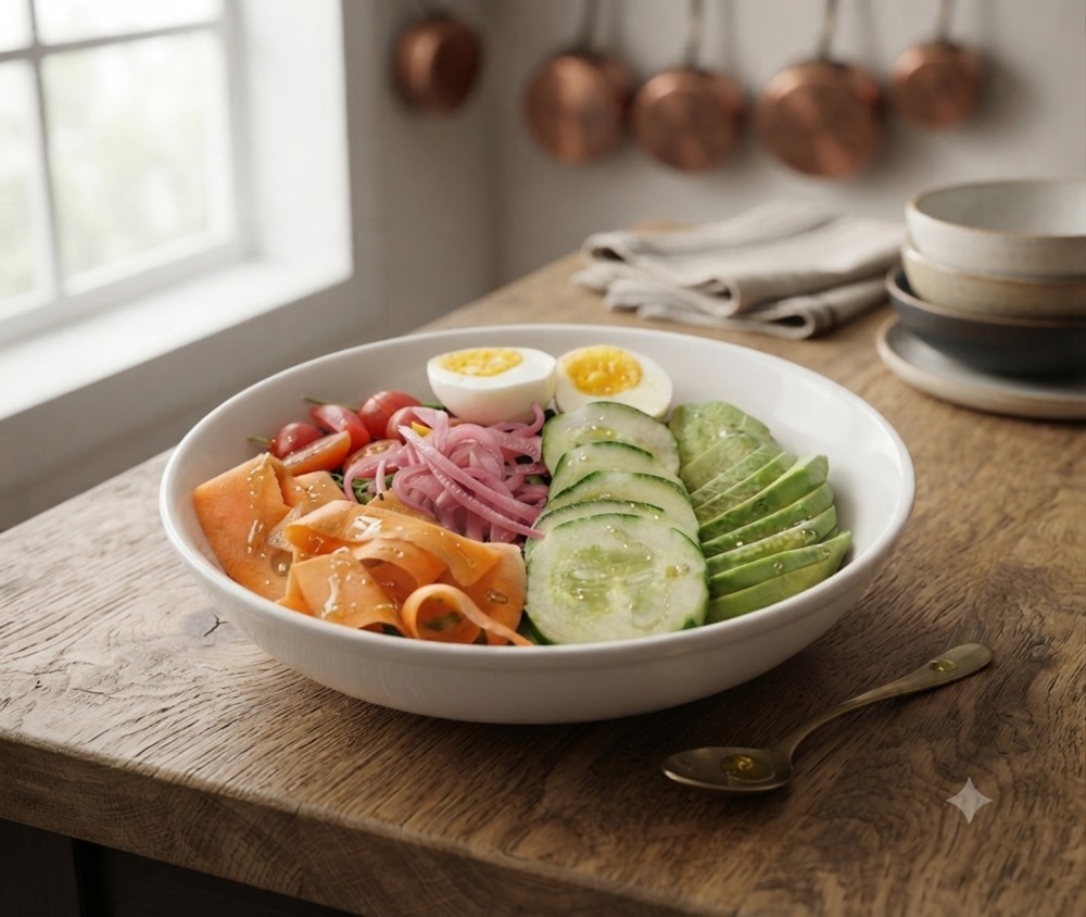Mix Greens, Carrots, Grape Tomatoes, Cucumber, Pickled Red Onion, Avocado, Soft Boiled Egg and Lemon Vinaigrette