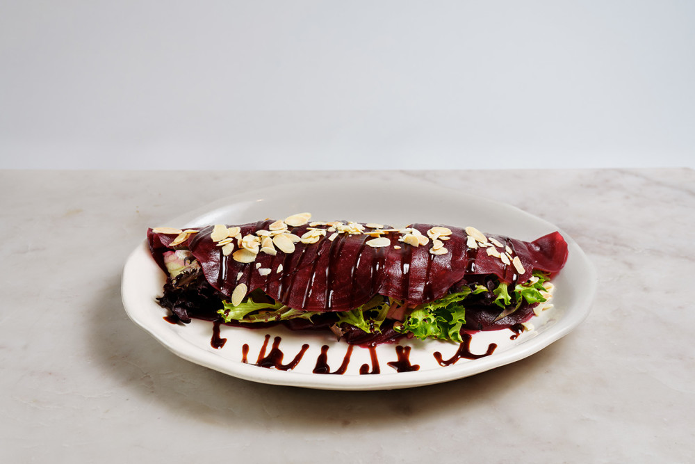 Romaine Lettuce, Goat Cheese, Apples, Roasted Almonds, Beet Carpaccio, Balsamic & EVOO
