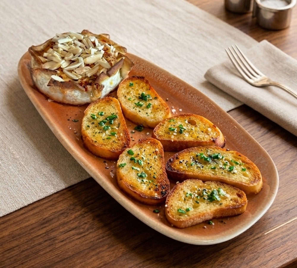 French Baked Brie with Spicy Honey and Silvered Almonds