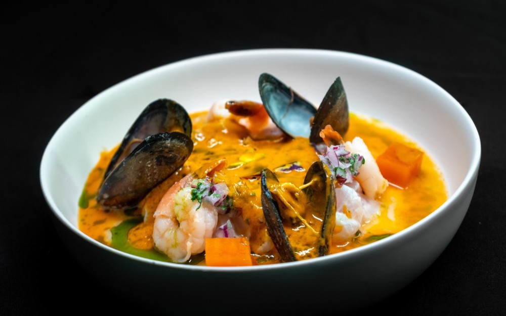 mahi, shrimp, black mussels, Huaca Tay, sweet potatoes, leche de tigre rocoto.