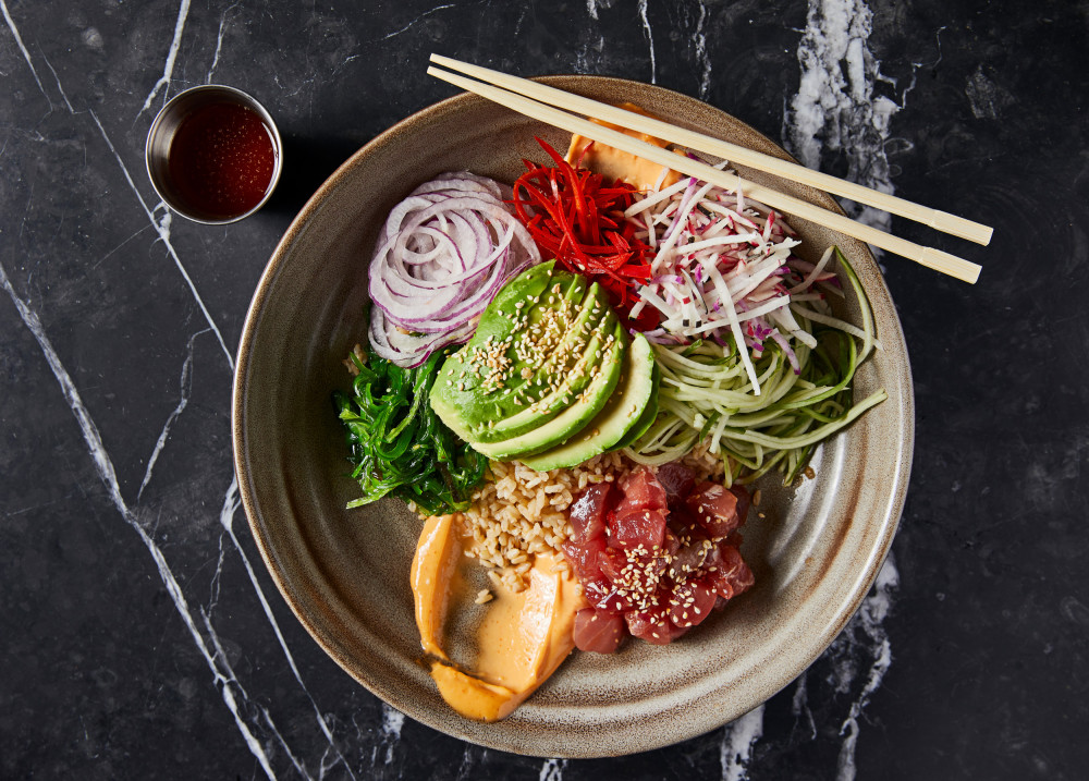 Poke Bowl
Cucumber, radish, seaweed salad, avocado, brown rice, red onion, fresno chilies, sriracha mayo & poke dressing. 
Choice of Tuna & Salmon.