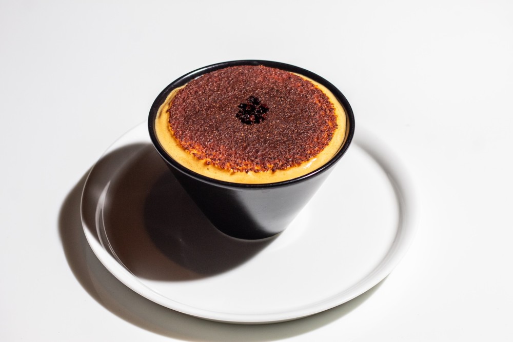 Caramel Sabayon, chocolate pudding, cocoa nibs tuile