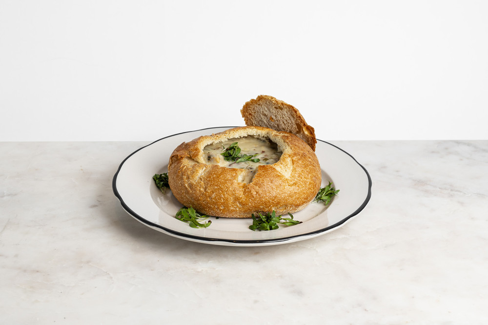 w/ bacon & coriander, served inside a Sourdough Bread