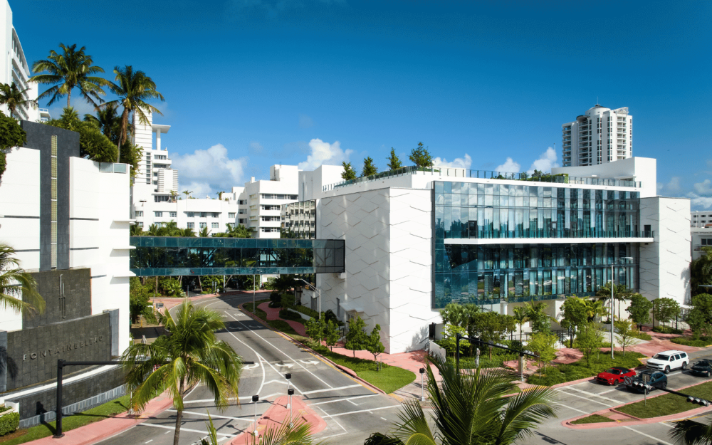 Elevated street view of convention center and skybridge on Fontainebleau Miami Beach campus