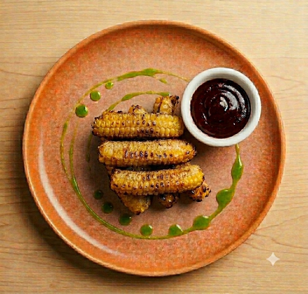 Fresh Corn Cut into Ribs, seasoned with our blend of Spices, grilled and served with Barbecue Sauce