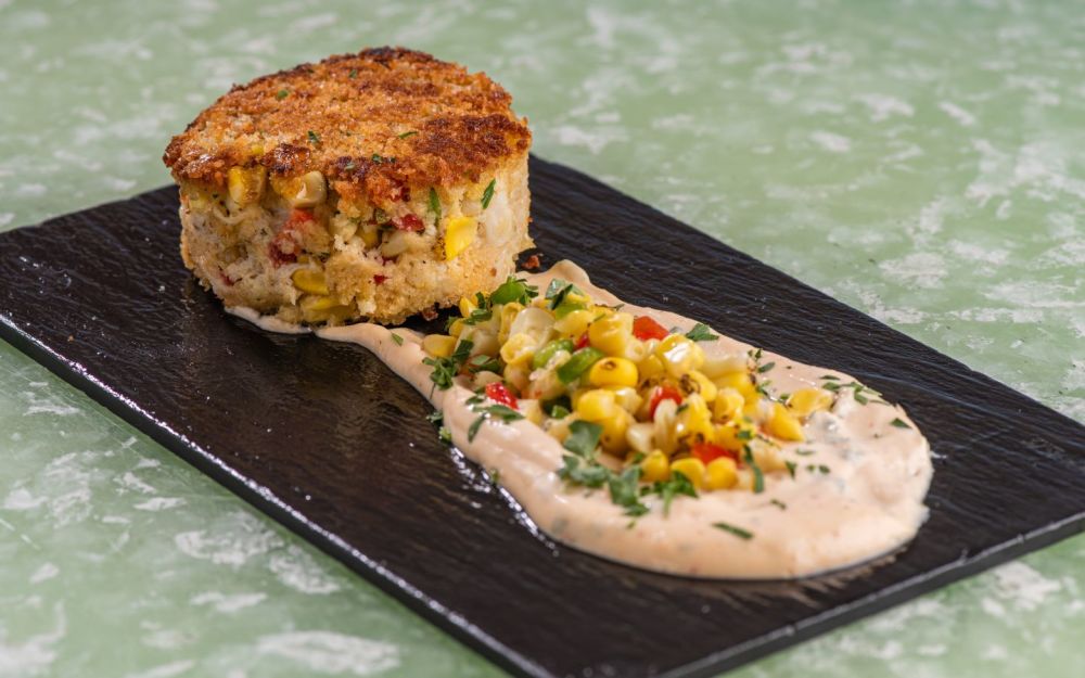 Lump Crab and Shrimp, Roasted Sweet Corn, Mixed Peppers, Chipotle and Ginger Aioli, Fresh Chives