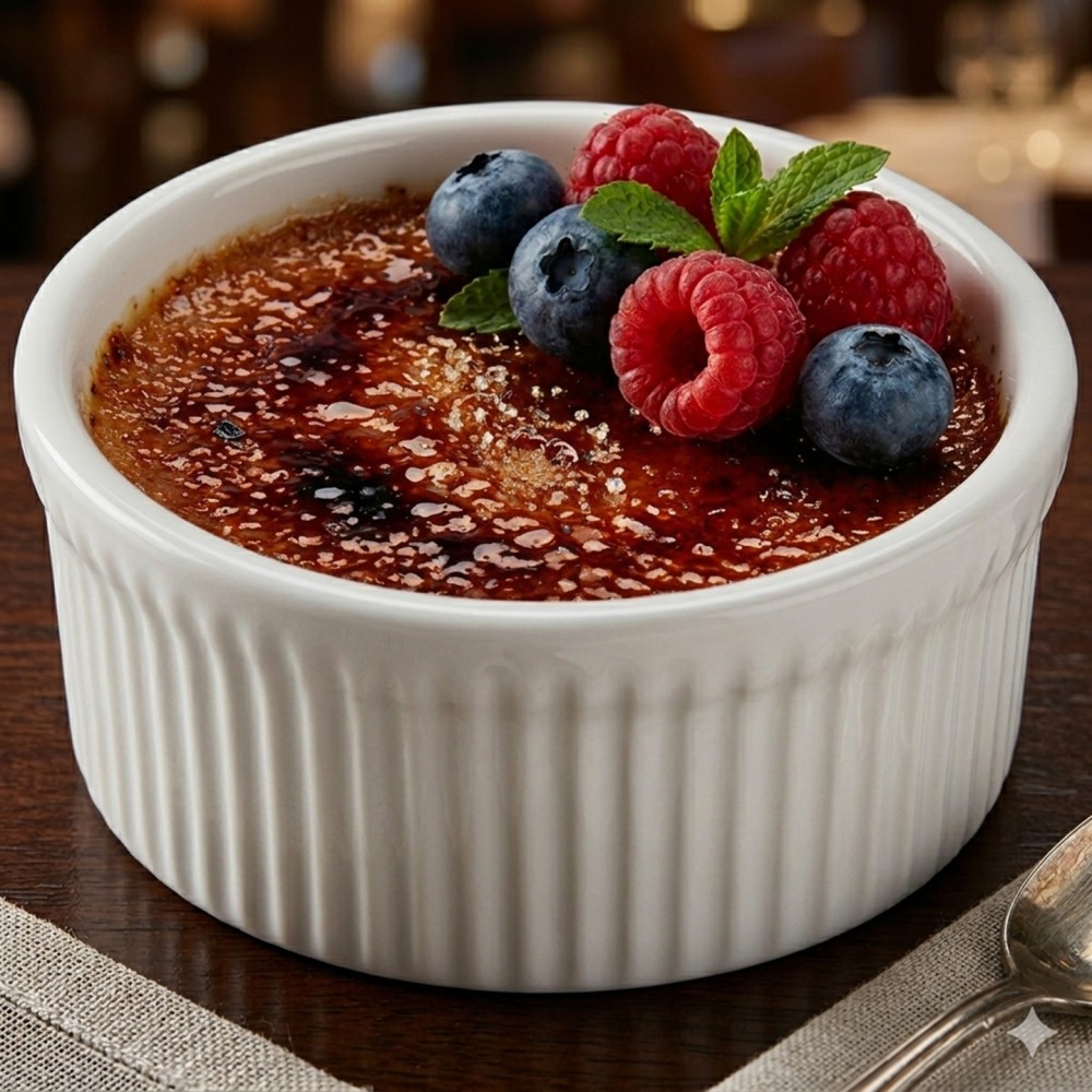 Classic vanilla custard with a caramelized sugar crust and finished with berries