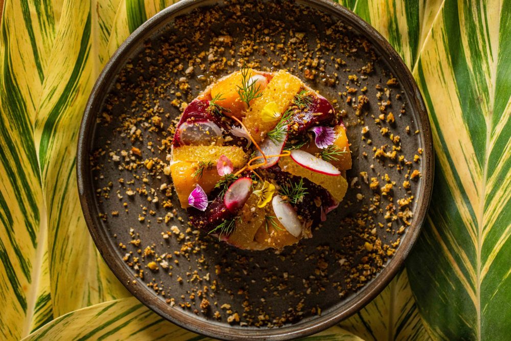 MALTED BABY BEET SALAD: pistachio crumble, radish, tangerine, whipped tahini