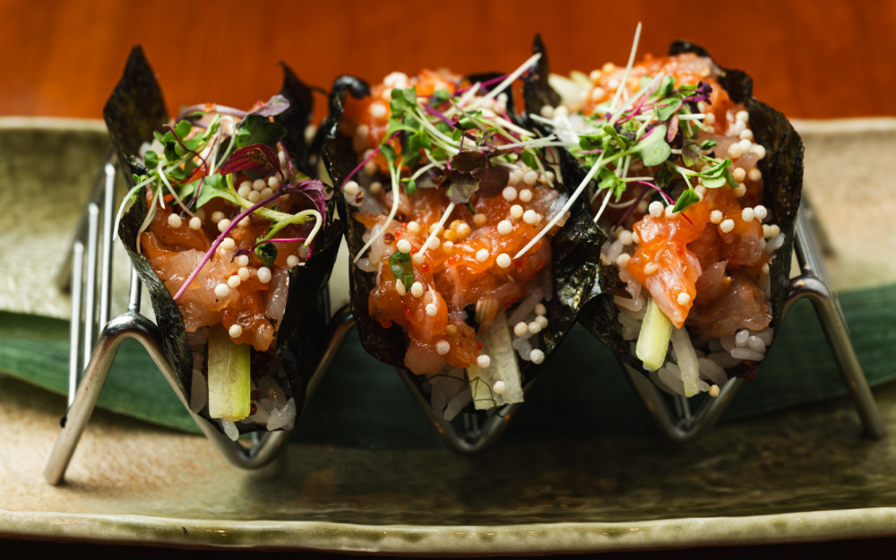 Hamachi & Salmon Tartare, Scallions, Cucumber, Crispy Quinoa, Sushi Rice, Nori, Sesame Oil, Tangy Japanese Dressing
