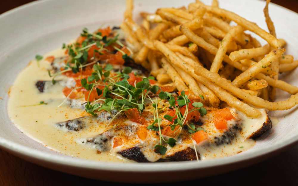 Togarashi Chicken Breast, Miso Beurre Blanc Sauce, Topped w/ Tomato Concasse, Salt & Pepper Fries